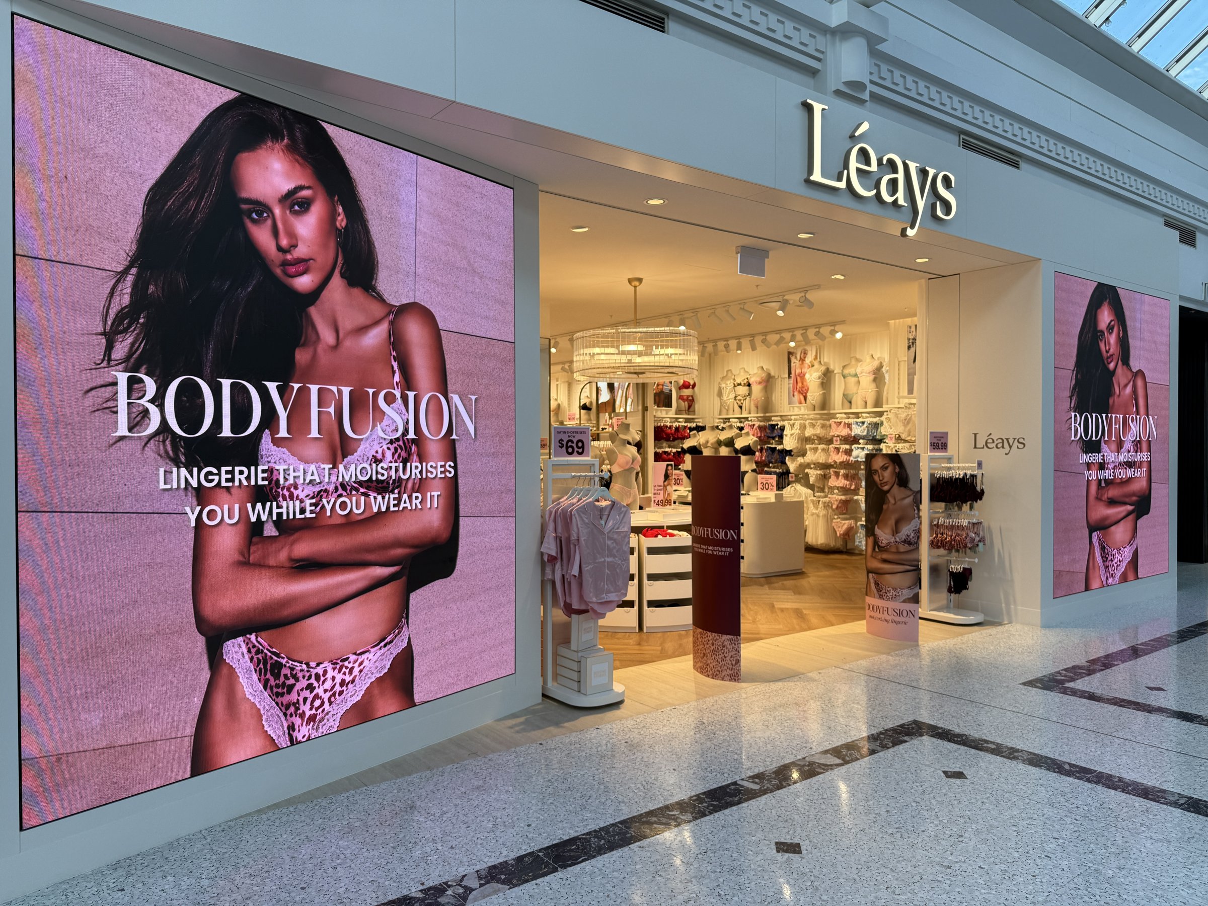 Léays Body Fusion lingerie storefront — brand build, signage and visual merchandising by Lisa Doban Consulting